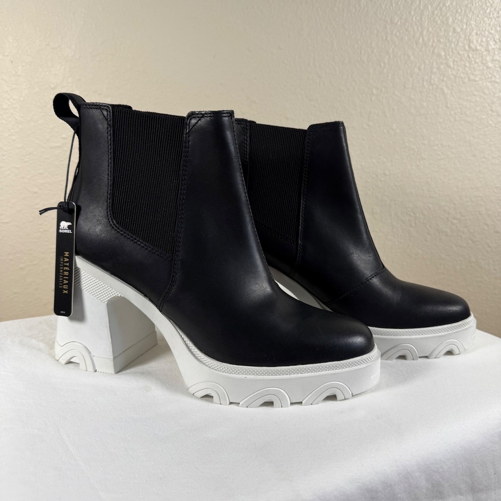 Sorel Brex Boot Chelsea Black Leather White Platform Block Heel Pull On Sea Salt